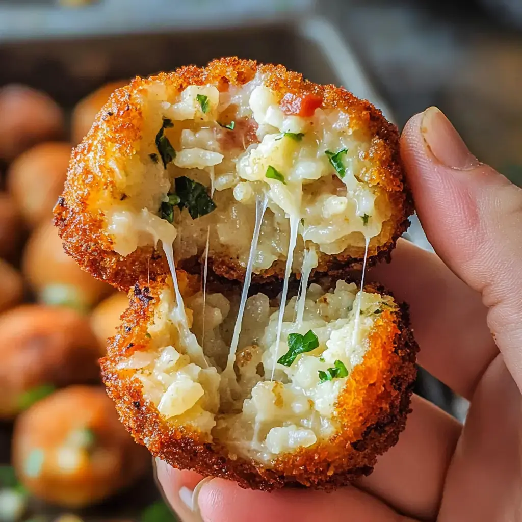 A hand holds a golden-brown, crispy fried ball cut in half, revealing melted cheese, rice, and green herbs inside.