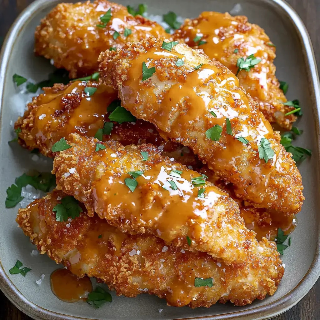 A plate of crispy chicken tenders drizzled with a glossy orange sauce and garnished with fresh parsley.