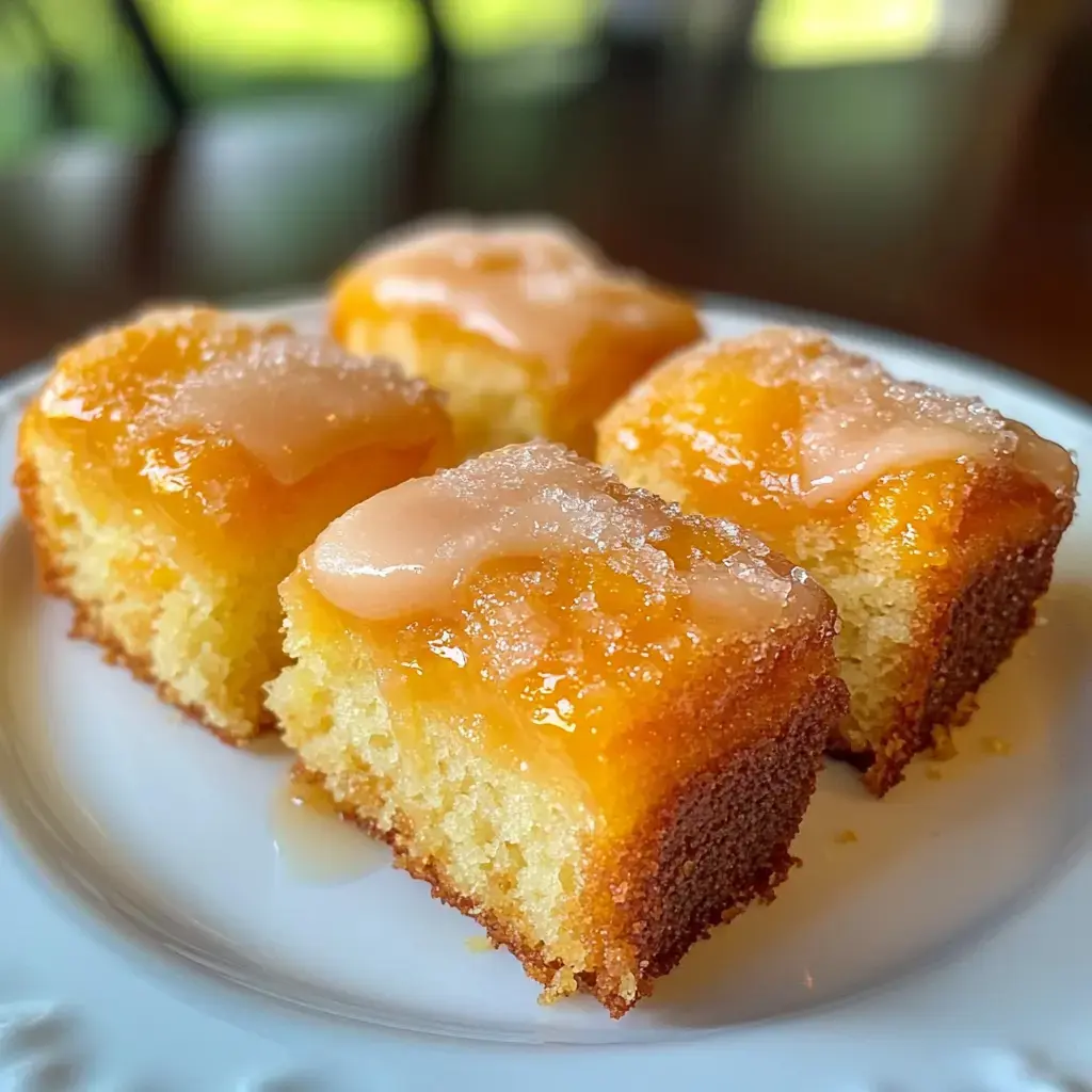 A close-up of four pieces of moist cake topped with a glossy orange glaze and sprinkled with sugar on a white plate.