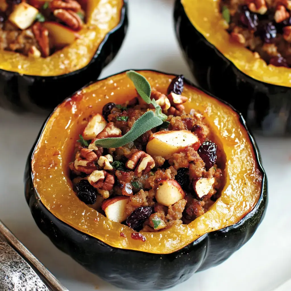 A roasted acorn squash half is filled with a stuffing mixture of apples, nuts, and herbs.