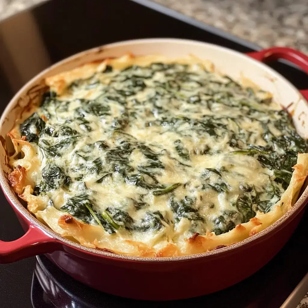 A baked dish featuring layers of pasta, spinach, and melted cheese in a red casserole dish.