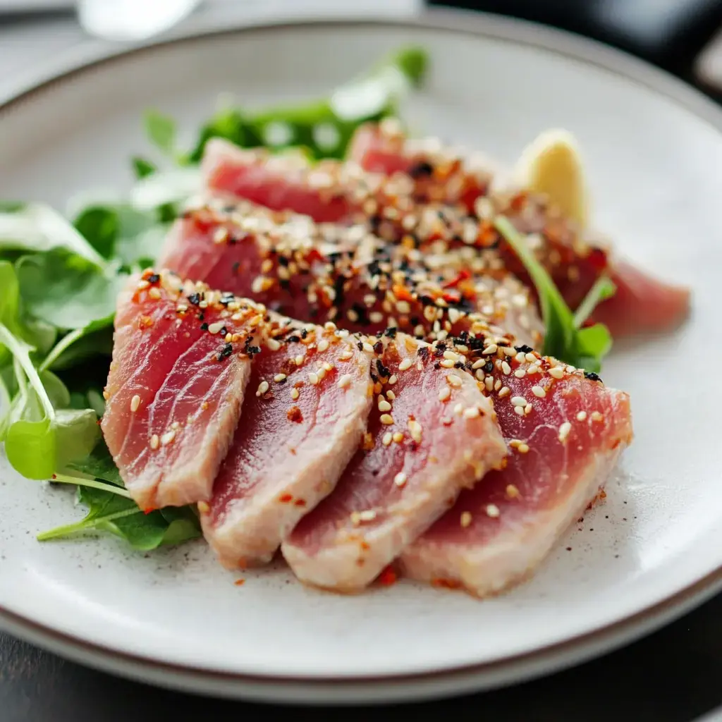 A plate of sliced seared tuna topped with sesame seeds and chili flakes, accompanied by fresh salad greens.