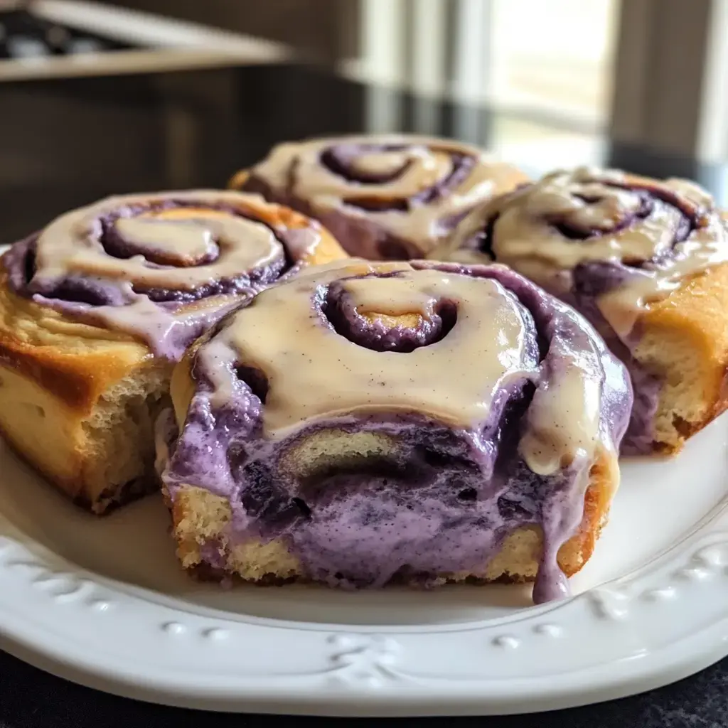 A plate of three fluffy purple cinnamon rolls drizzled with white icing, with one roll partially sliced to reveal its purple filling.