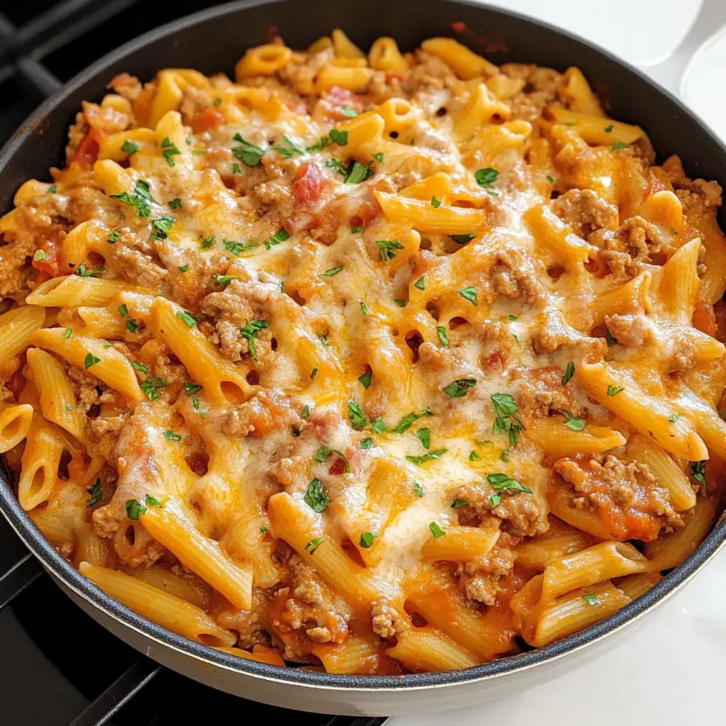 A pan of baked penne pasta topped with melted cheese, ground meat, and fresh parsley.