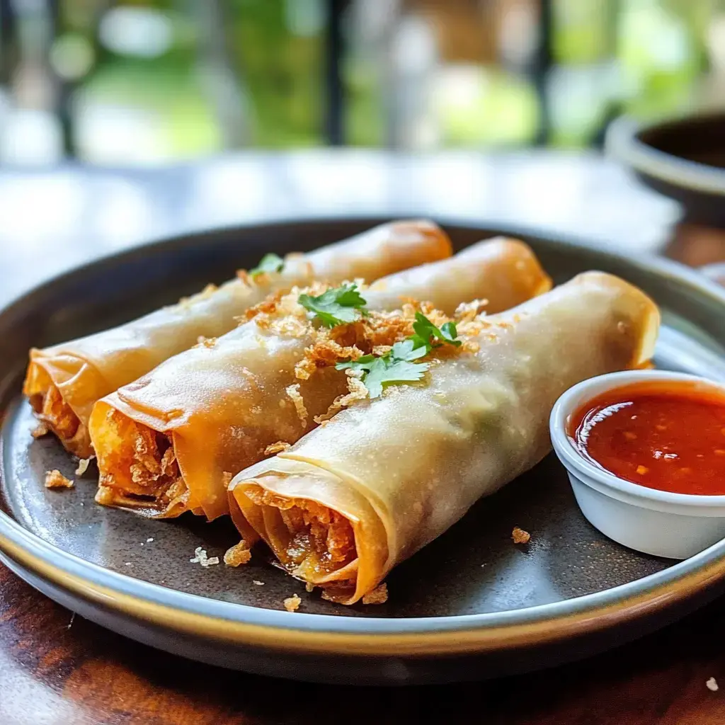 Three crispy spring rolls are served on a black plate, garnished with fried onions and fresh cilantro, accompanied by a small bowl of dipping sauce.