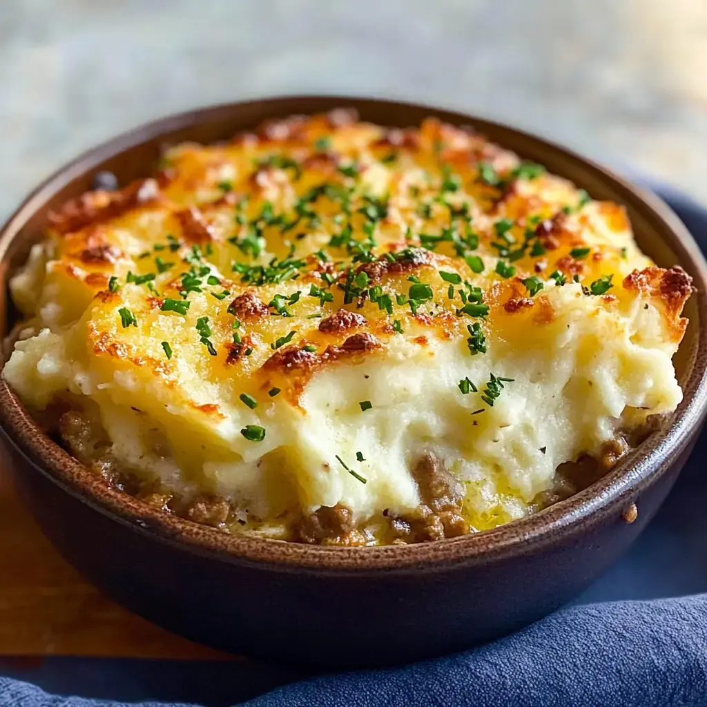 A baked shepherd's pie with a golden, crispy mashed potato topping sprinkled with chopped parsley in a brown dish.