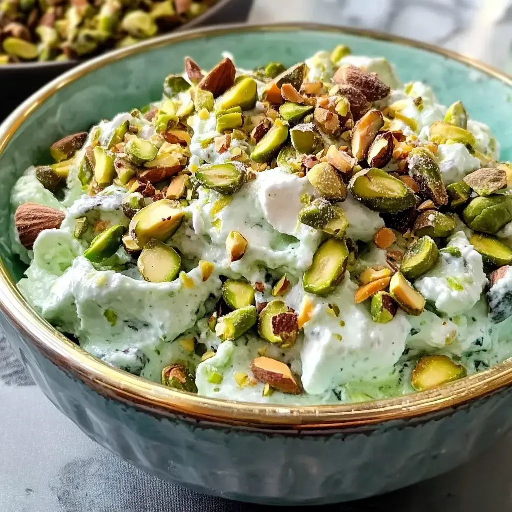 A bowl of creamy green dessert topped with chopped pistachios and almonds.