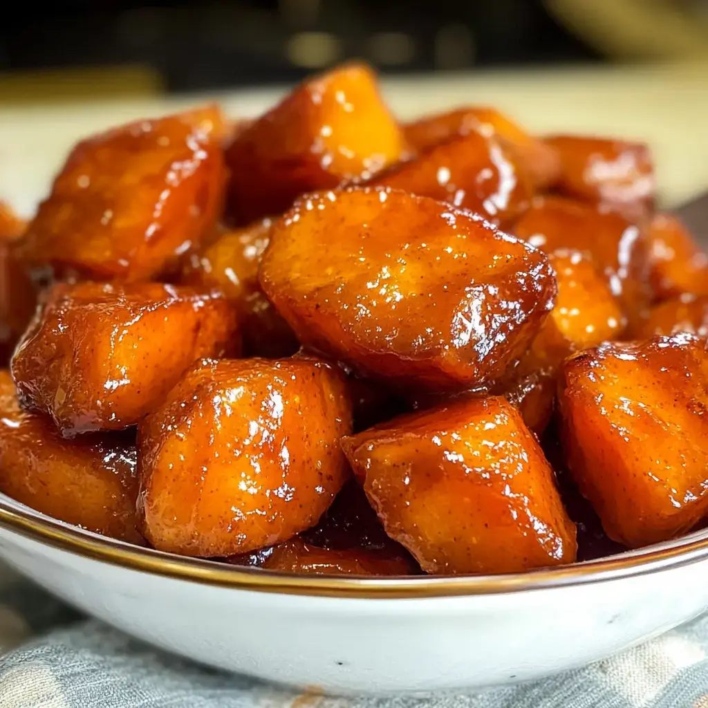 A close-up image of diced, glistening sweet potatoes coated in a rich, caramelized sauce served in a bowl.