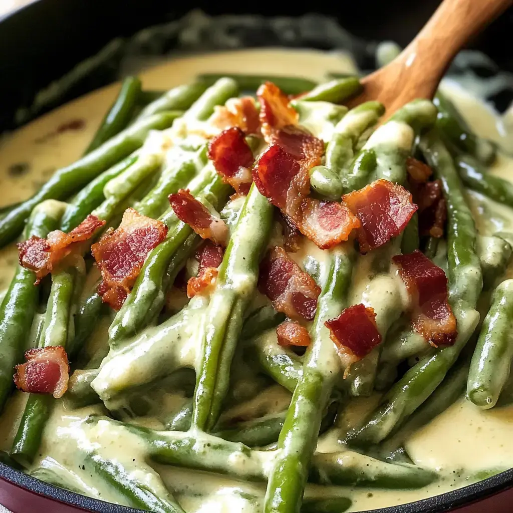 A close-up of green beans topped with crispy bacon in a creamy sauce.