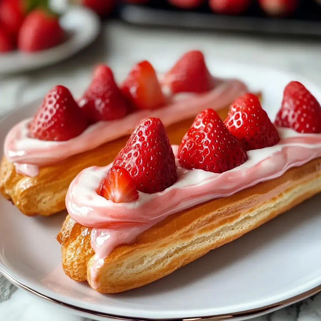 Two eclairs topped with pink cream and fresh strawberries are displayed on a white plate.