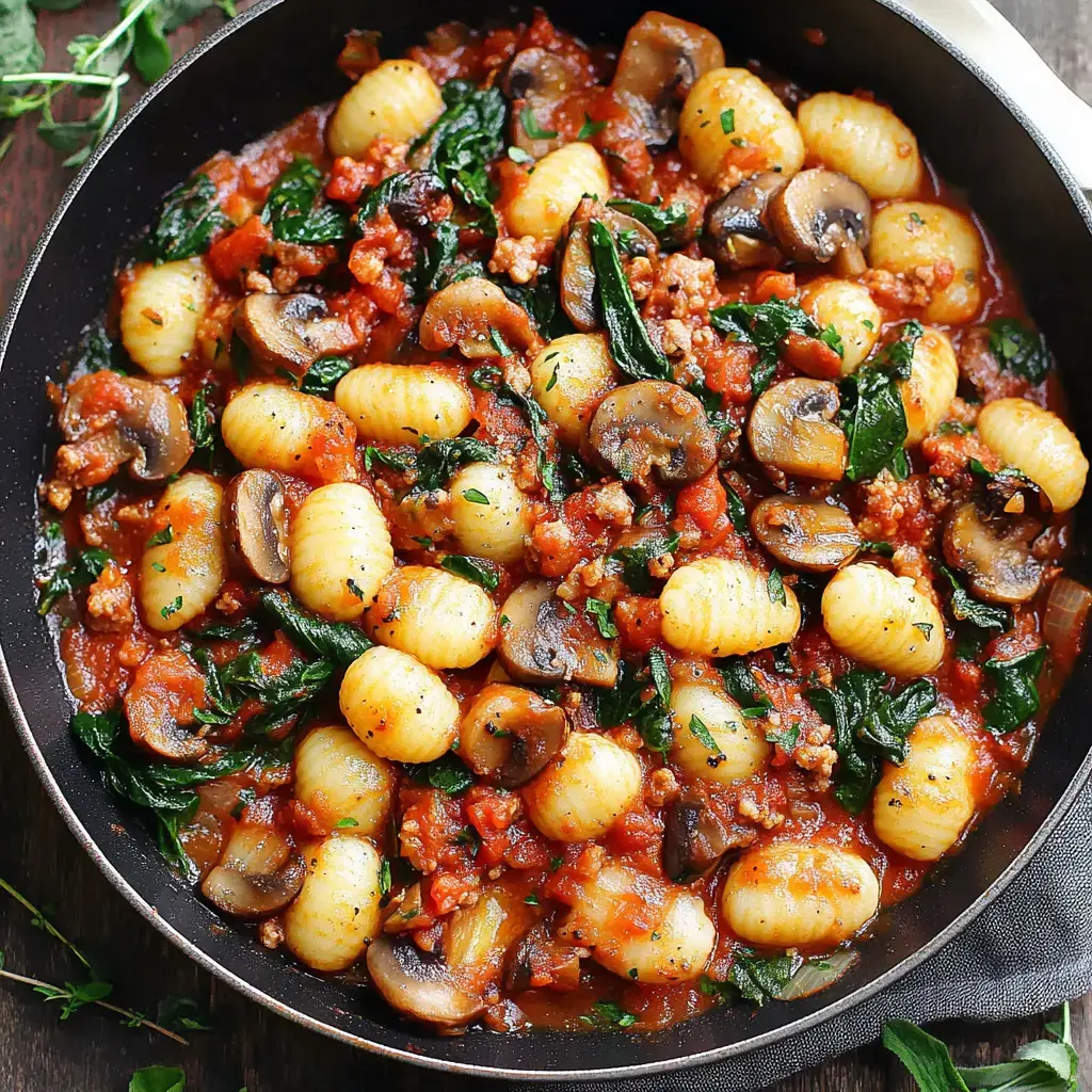 A skillet filled with gnocchi, mushrooms, spinach, and a rich tomato sauce.