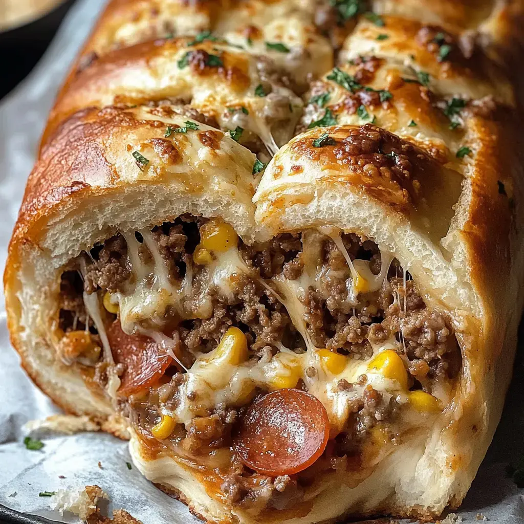 A gooey stuffed bread loaf filled with ground beef, cheese, corn, and pepperoni, garnished with herbs.