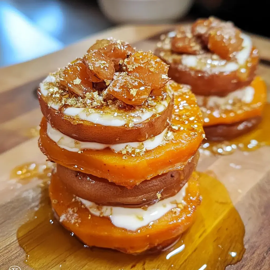 A stack of layered sweet potato and chocolate rounds is topped with caramelized fruit and edible gold flakes, served on a wooden board.