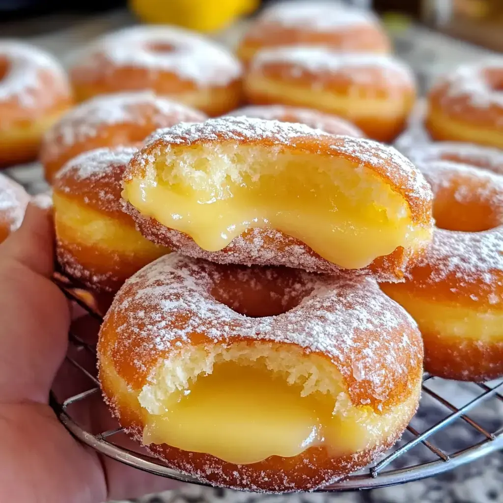 A hand holds a powdered sugar donut with a bite taken out, revealing creamy yellow filling, surrounded by additional donuts in the background.