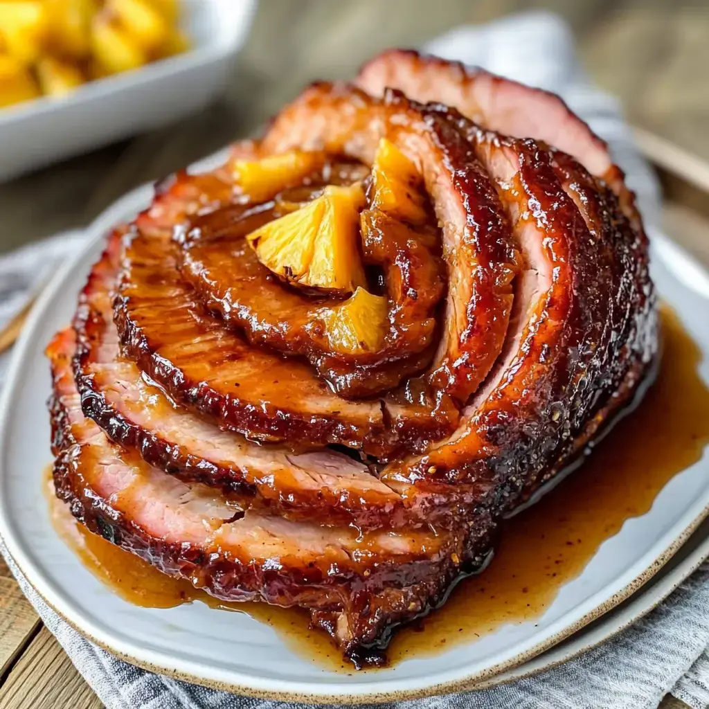 A glazed spiral ham garnished with pineapple slices, resting on a white plate with a drizzle of sauce.