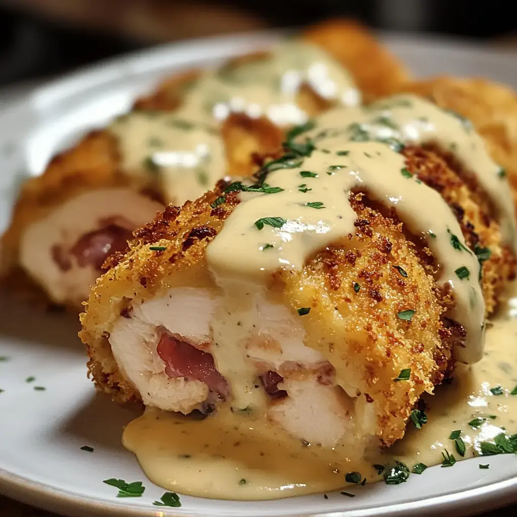 A close-up of breaded and fried chicken rolls, filled with ham and drizzled with a creamy sauce, garnished with parsley.