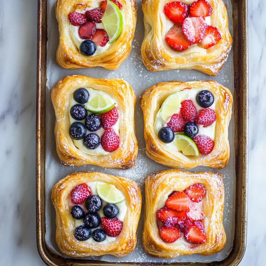 A tray of six square pastries topped with a variety of fresh fruits, including strawberries, blueberries, and lime slices, resting on a marble surface.