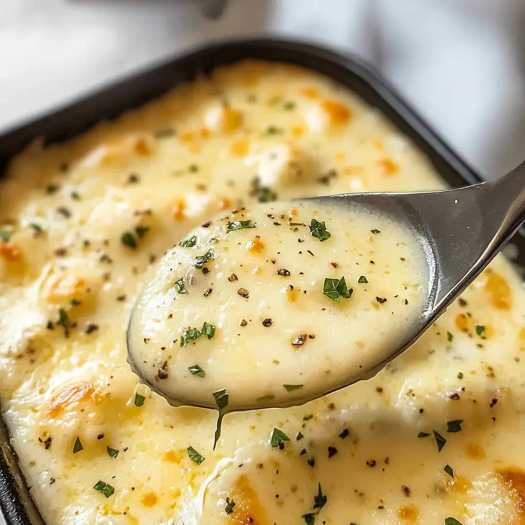 A close-up of a spoonful of creamy, baked potato casserole topped with herbs and pepper, set against a background of the dish.