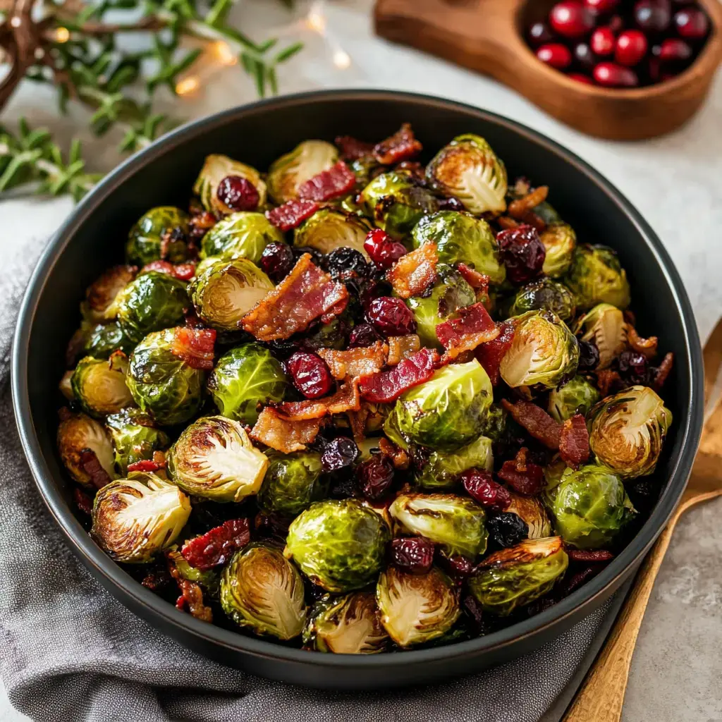 A dark bowl filled with roasted Brussels sprouts, crispy bacon, and cranberries, set on a textured gray surface with a wooden spoon and festive decorations in the background.