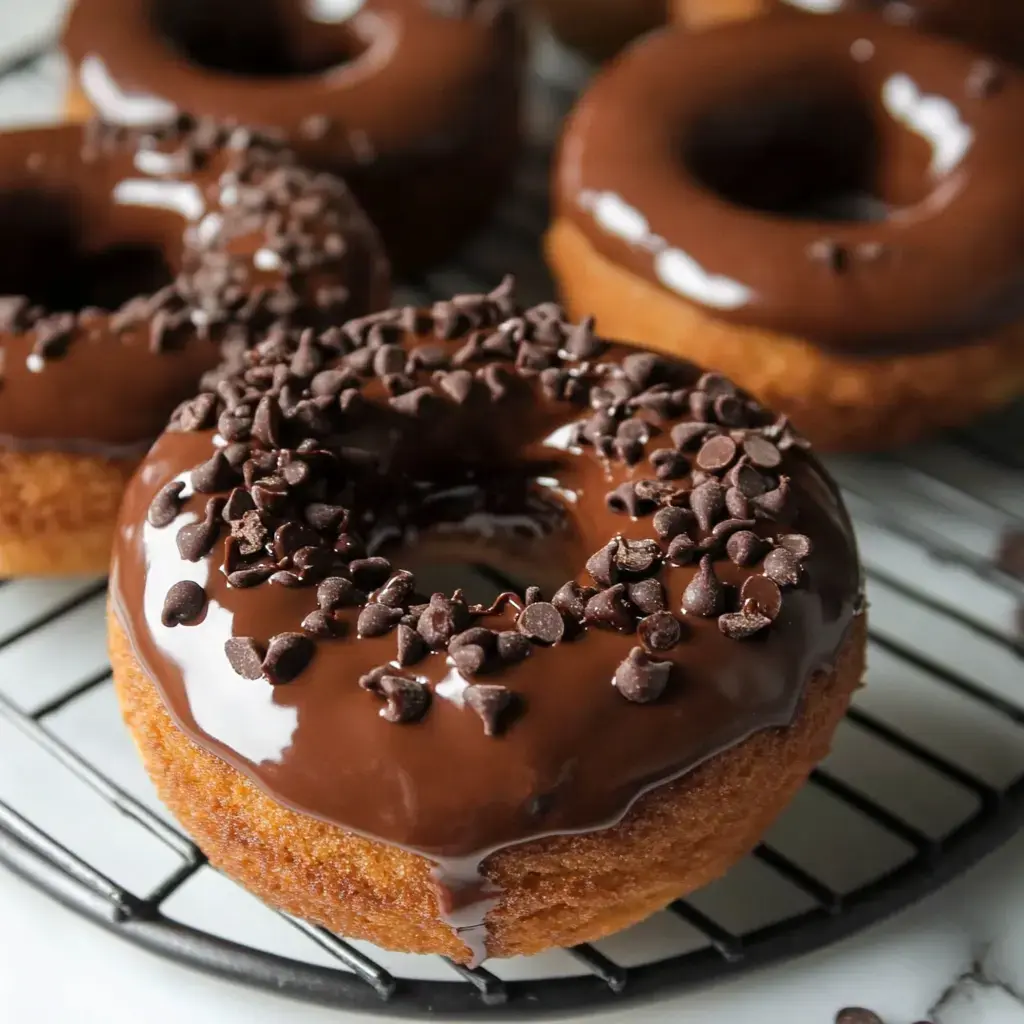 A plate of chocolate-glazed donuts topped with chocolate chips, arranged on a cooling rack.