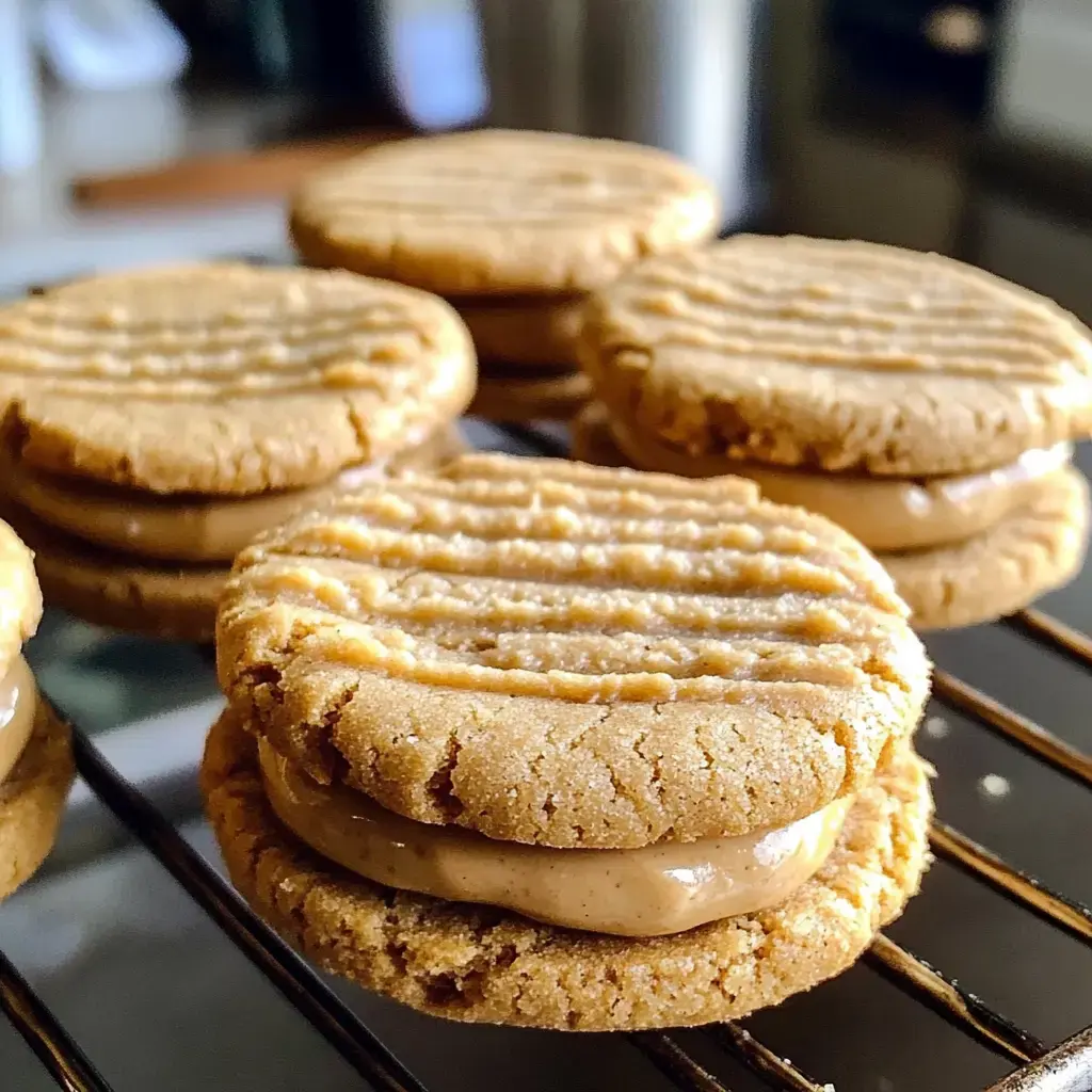 A close-up of peanut butter cookies filled with a creamy filling, resting on a cooling rack.