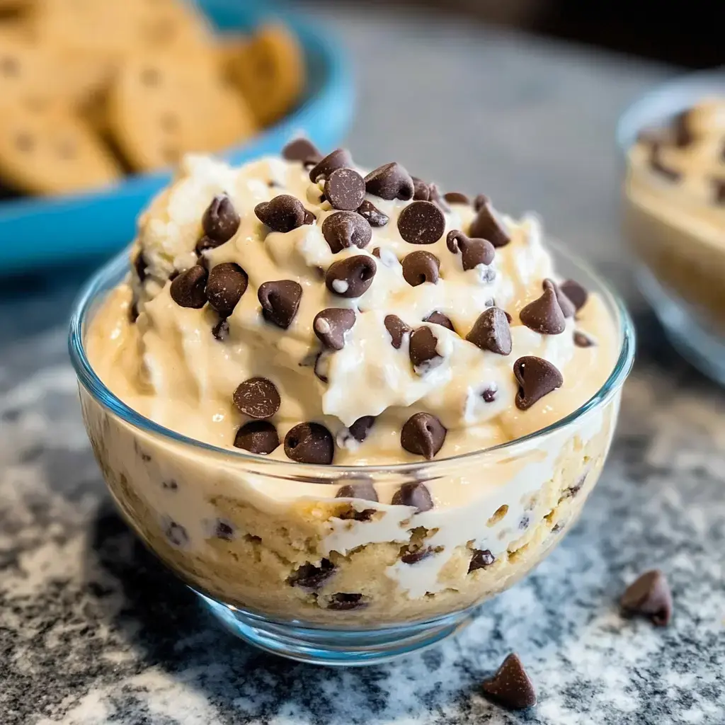 A glass bowl filled with cookie dough topped with chocolate chips is placed on a countertop, with more cookies in the background.