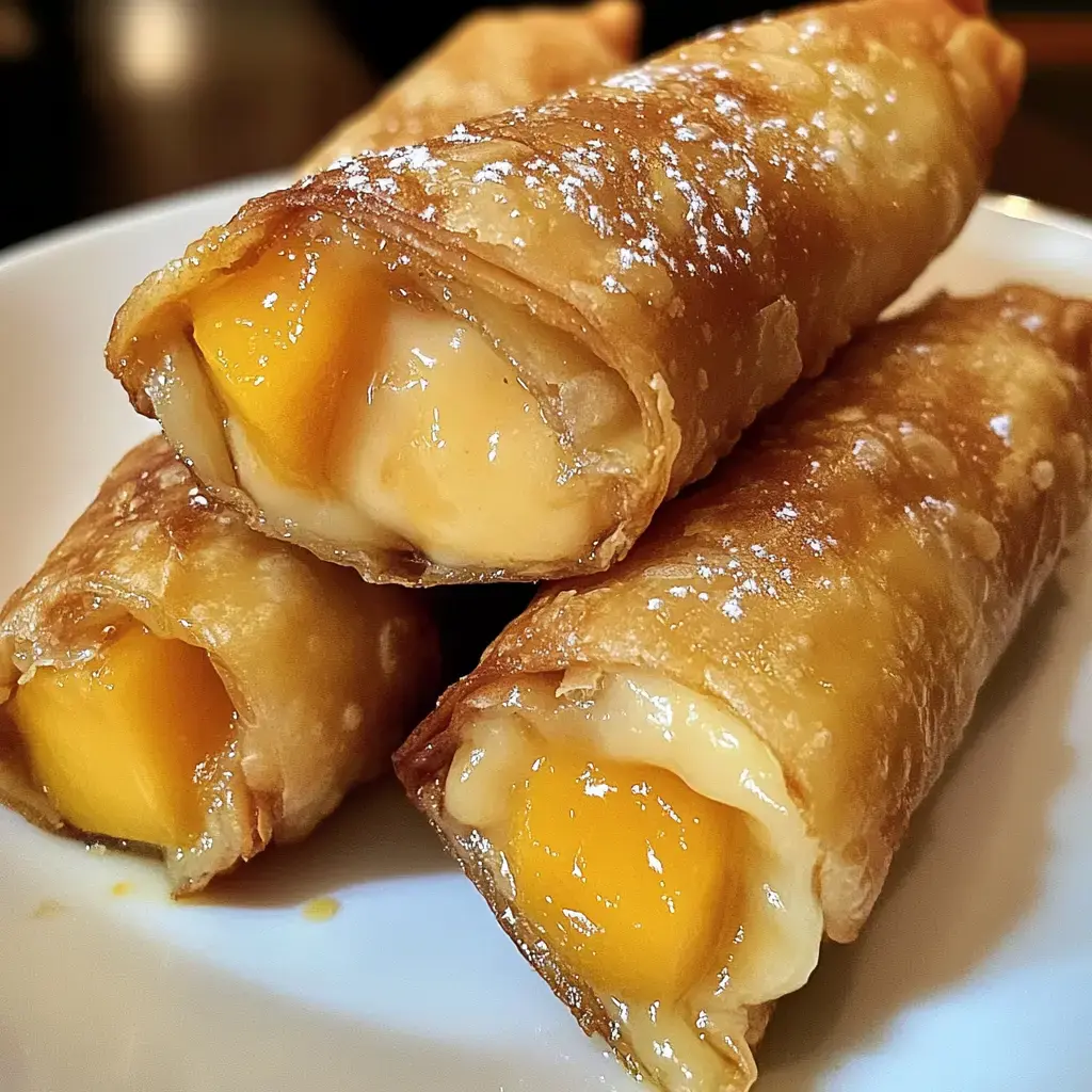 Three crispy rolls filled with creamy custard and pieces of mango are plated on a white dish.