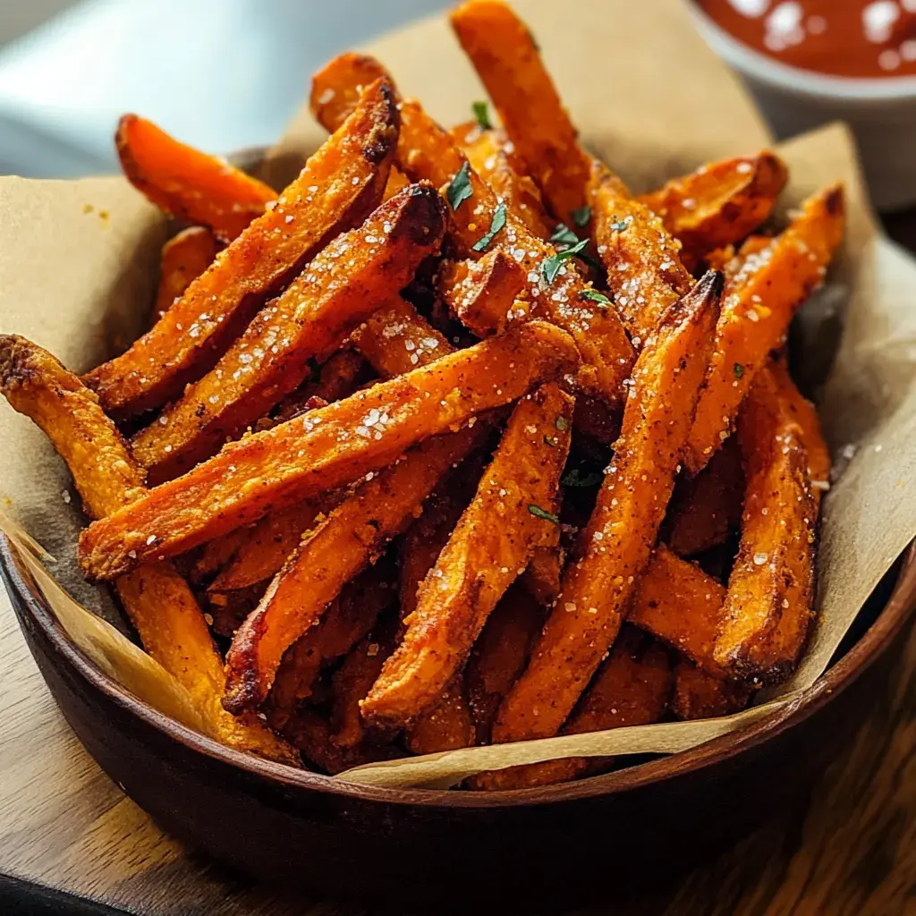 A bowl of crispy sweet potato fries garnished with seasoning and served with a small dish of ketchup.