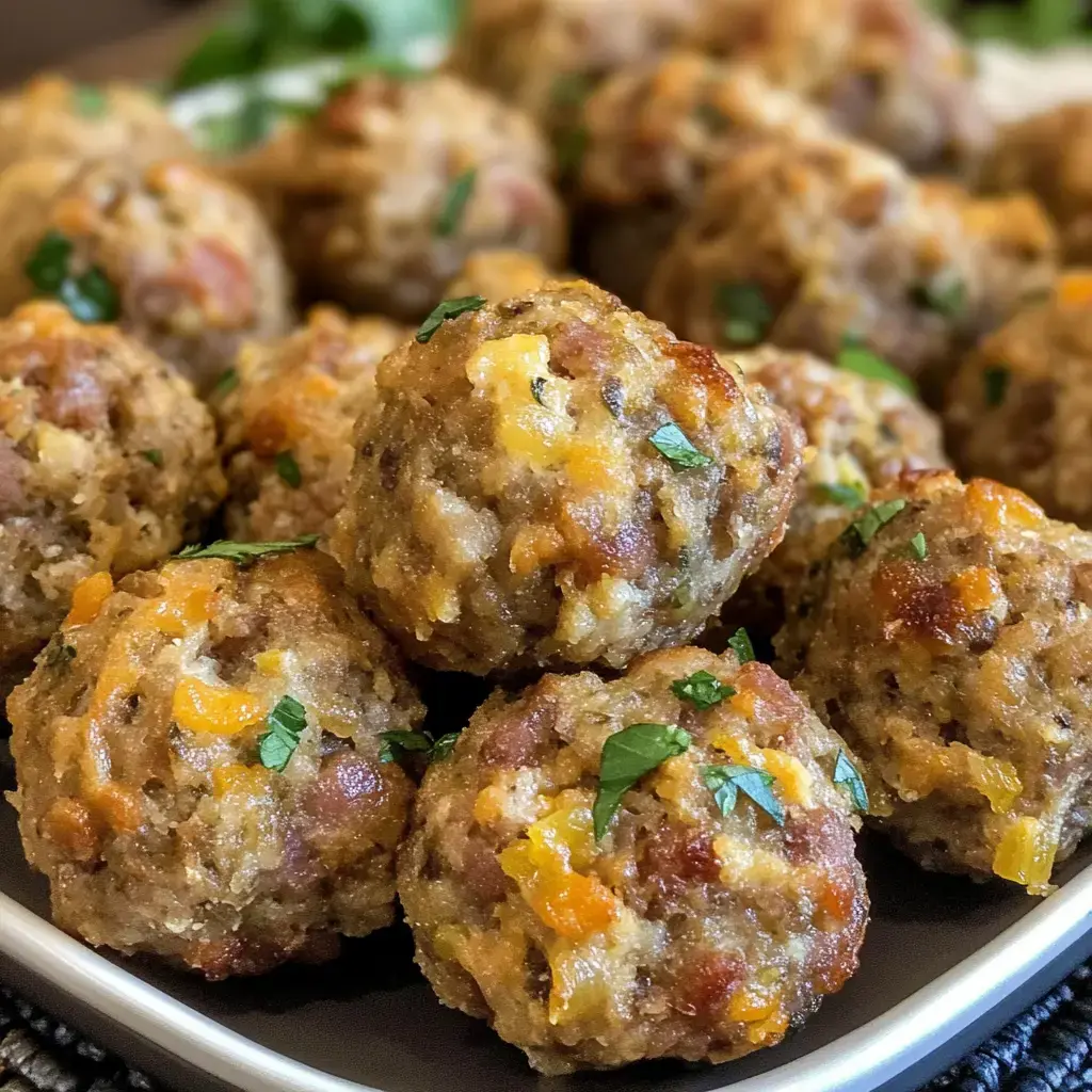 A close-up image of golden-brown meatballs garnished with green herbs, arranged on a plate.