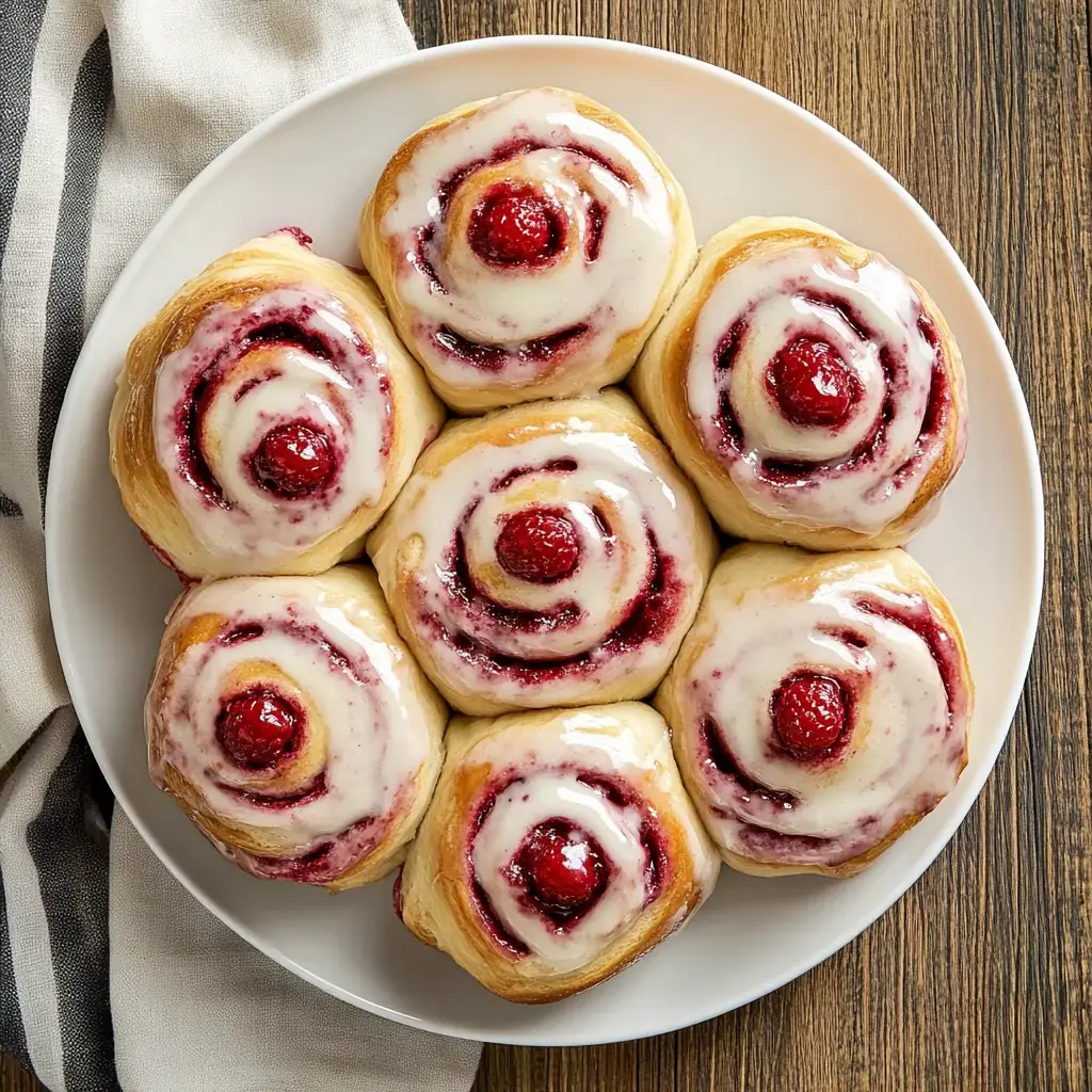 A plate of freshly baked raspberry swirl rolls topped with cream icing and a raspberry on each.