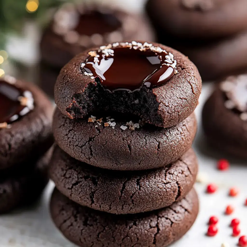 A stack of chocolate cookies with a glossy chocolate filling and a bite taken out of the top cookie.