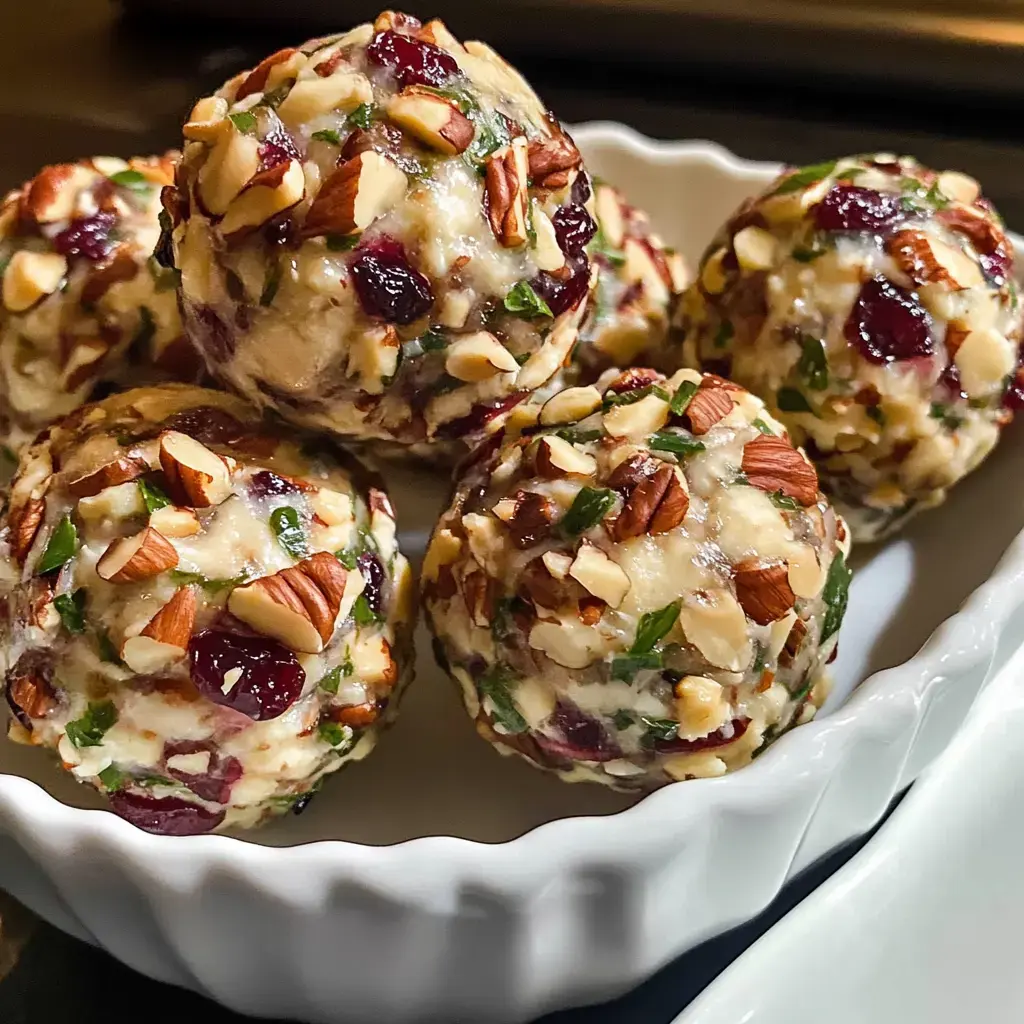 A close-up of several cheerful snack balls coated with chopped nuts and mixed with dried cranberries and herbs, presented in a white bowl.