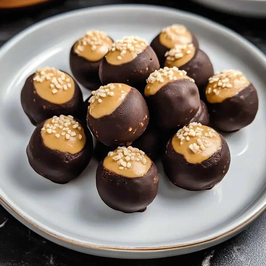 A plate of chocolate-covered peanut butter balls topped with creamy peanut butter and decorative sprinkles.