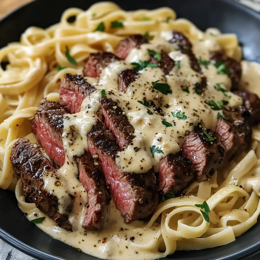 A plate of fettuccine pasta topped with sliced grilled steak drenched in a creamy sauce and garnished with parsley.