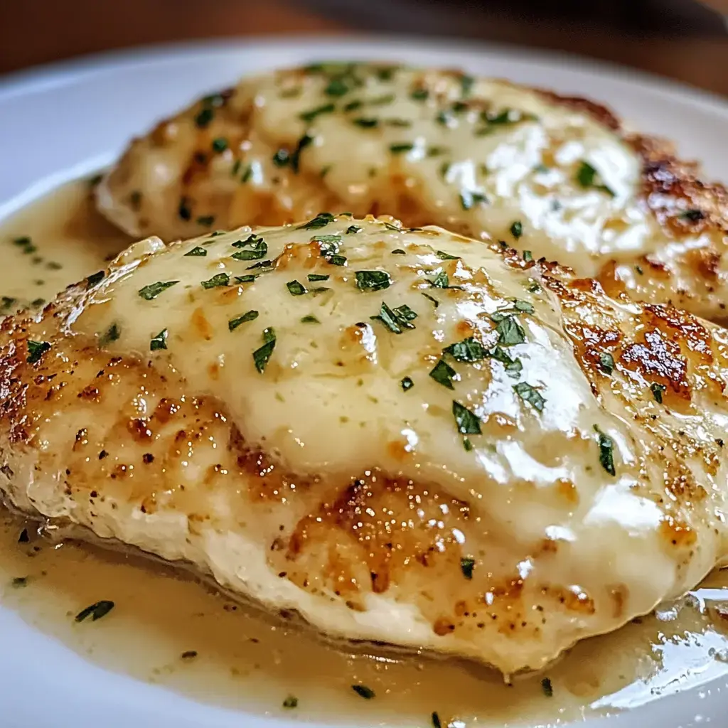 Two golden-brown, cheesy chicken breasts garnished with chopped parsley, served on a white plate with a light sauce.