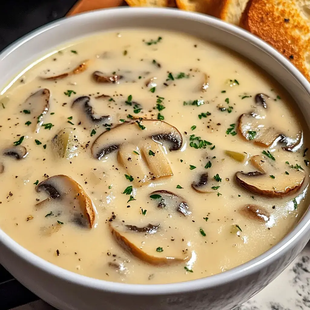 A bowl of creamy mushroom soup garnished with parsley, accompanied by slices of toasted bread.