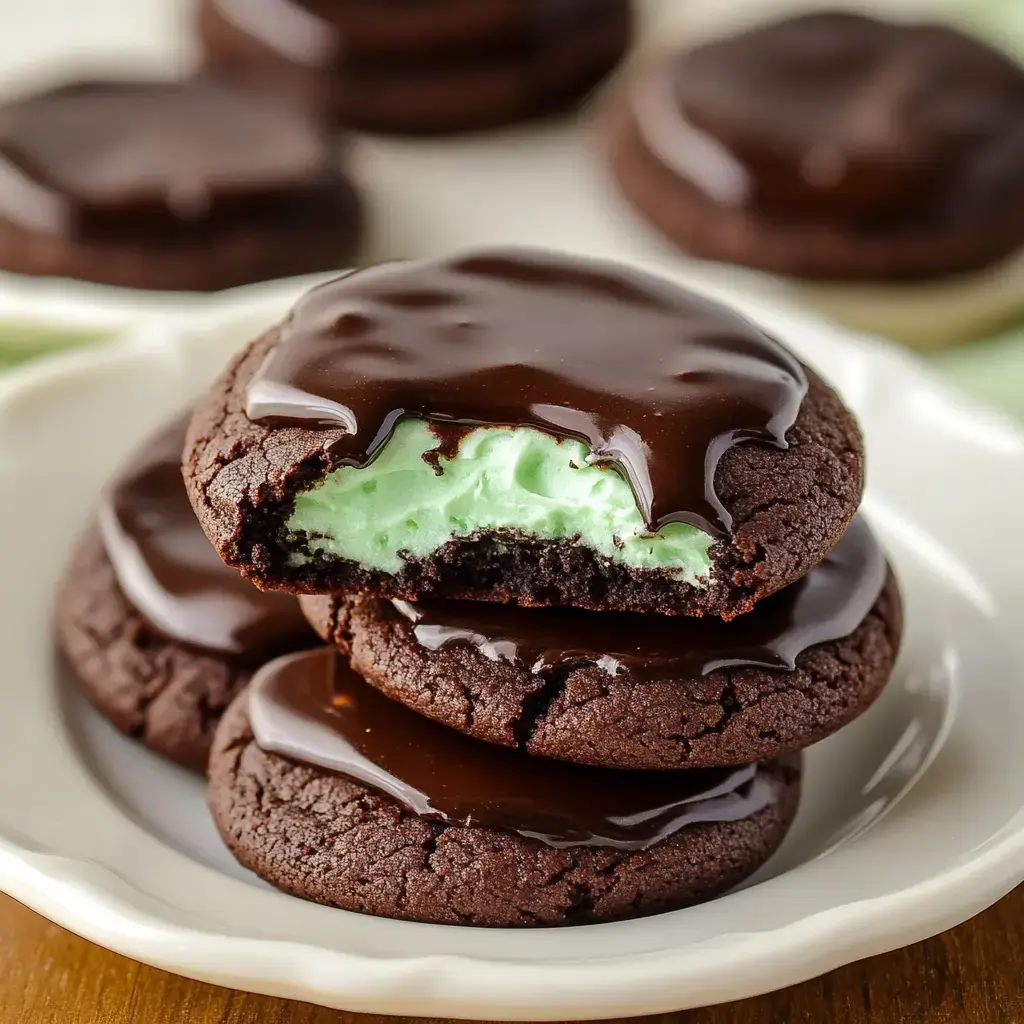 A stack of chocolate cookies with a mint green filling and a glossy chocolate glaze, with one cookie partially bitten to reveal the filling.