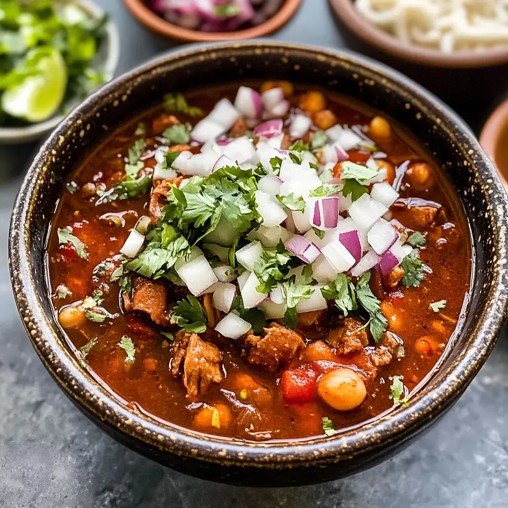 A beautifully garnished bowl of hearty chili topped with fresh cilantro and diced onions, surrounded by accompaniments like lime and additional toppings.