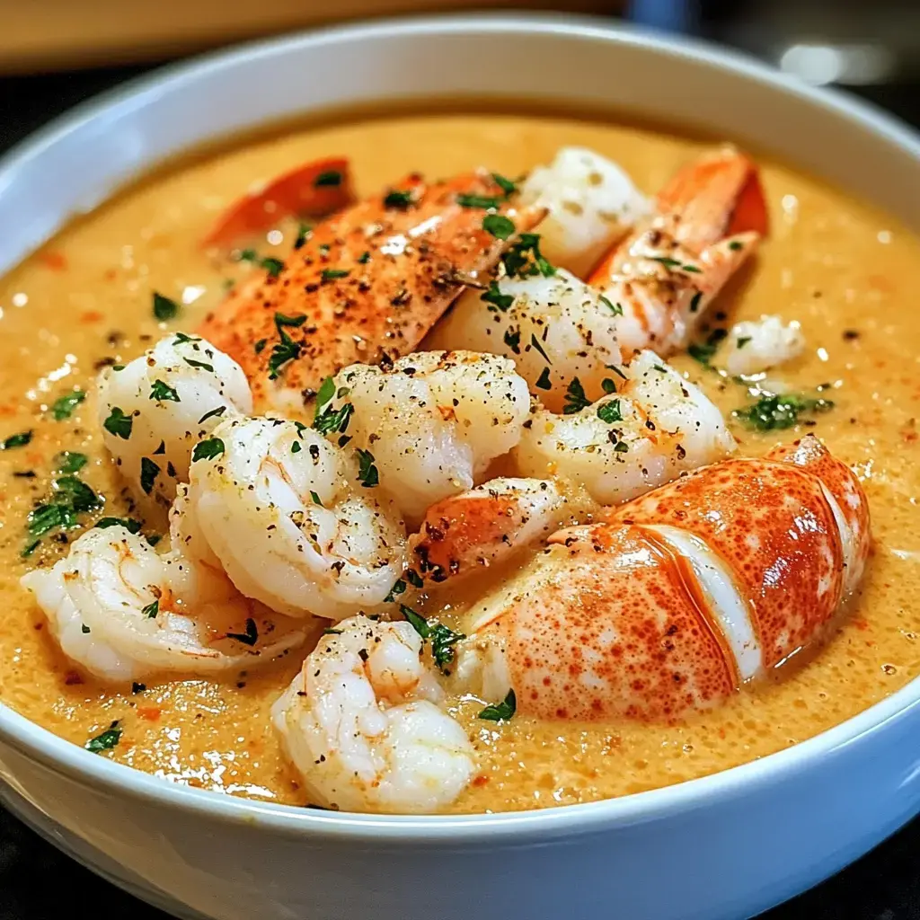 A creamy seafood dish featuring shrimp and lobster in a rich, garnished broth.