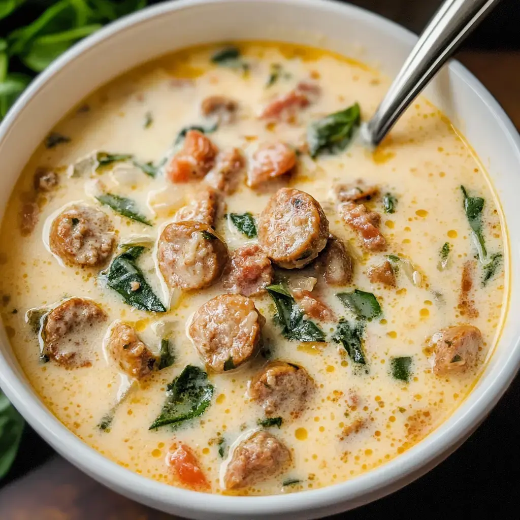 A close-up of a creamy soup containing sausage slices, spinach, and bits of tomato in a white bowl.