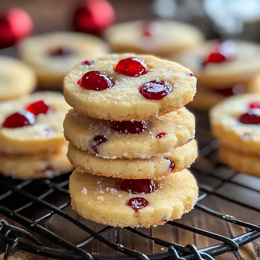 A stack of round cookies with red fruit toppings is displayed on a wire rack, with additional cookies visible in the background.