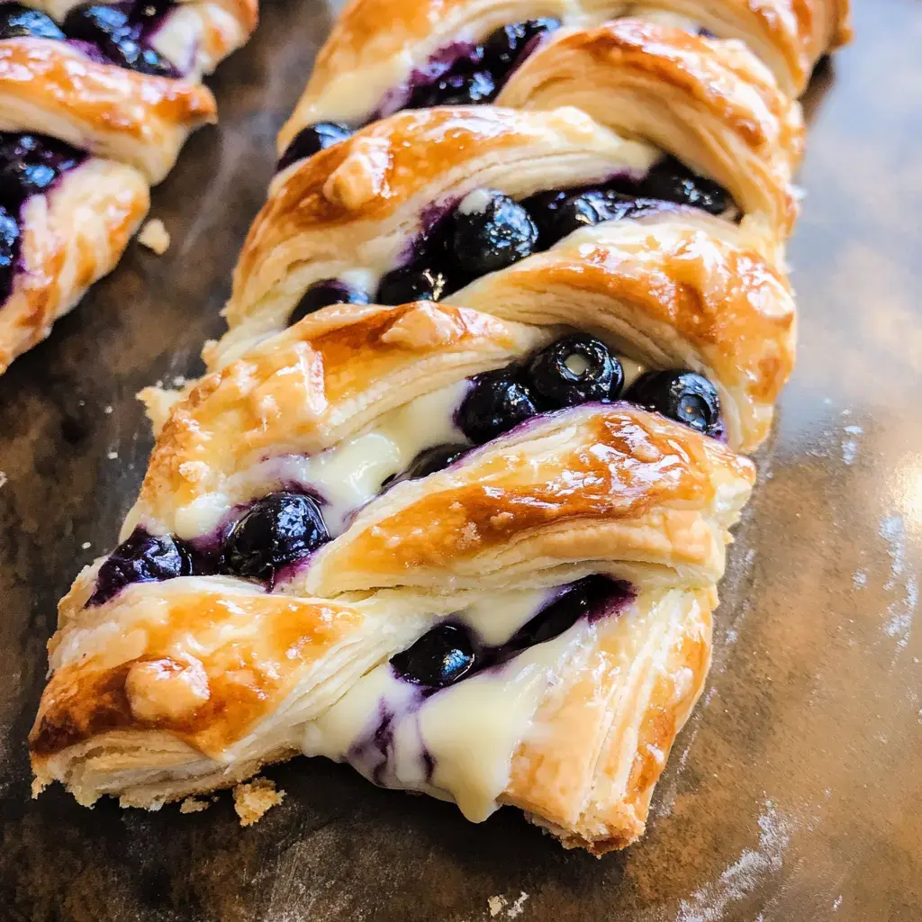 A braided pastry filled with blueberries and creamy filling lies on a dark surface.