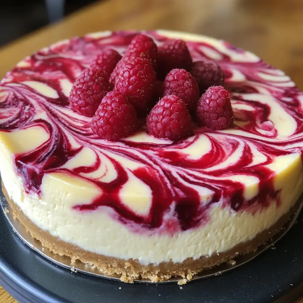 A creamy cheesecake topped with raspberry swirls and fresh raspberries.