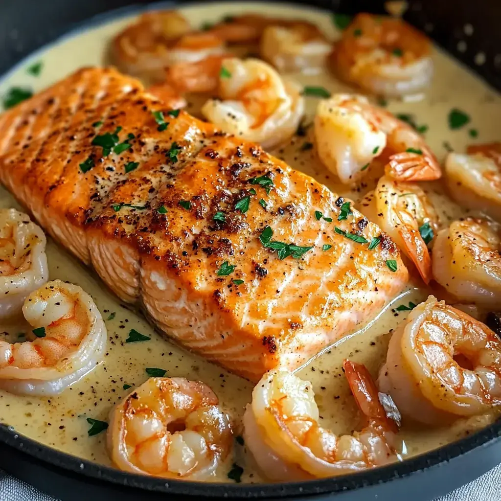 A pan filled with a cooked salmon fillet surrounded by sautéed shrimp in a creamy sauce, garnished with parsley.