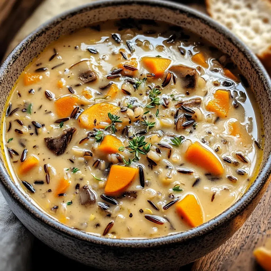 A close-up view of a creamy soup with chunks of butternut squash, wild rice, and fresh thyme in a dark bowl, accompanied by a piece of bread on a wooden surface.