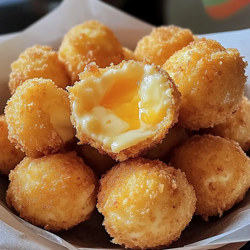 A close-up of golden, crispy cheese balls, with one cut open revealing gooey cheese inside.