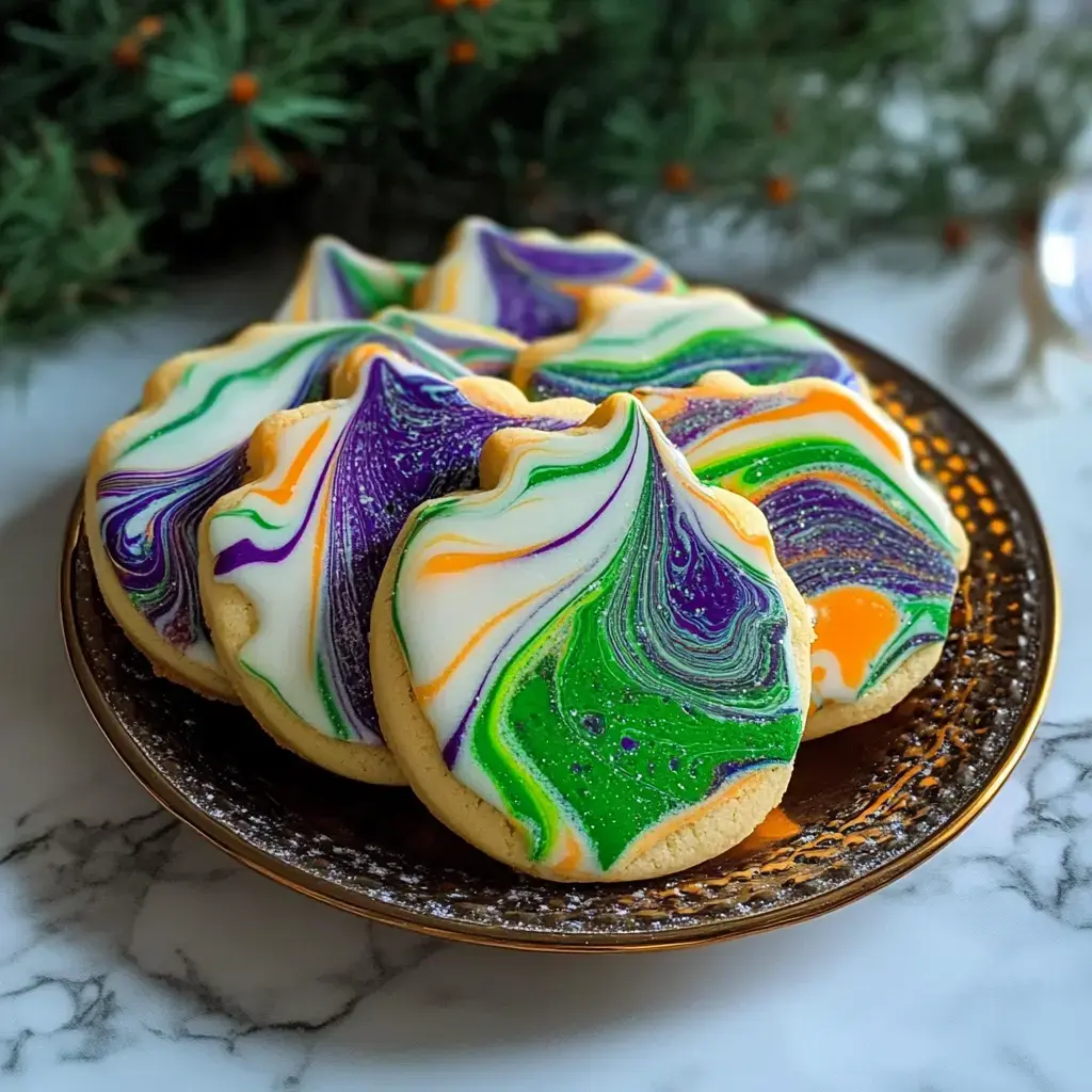 A plate of colorful, swirled iced cookies in purple, green, and orange resting on a marble surface.