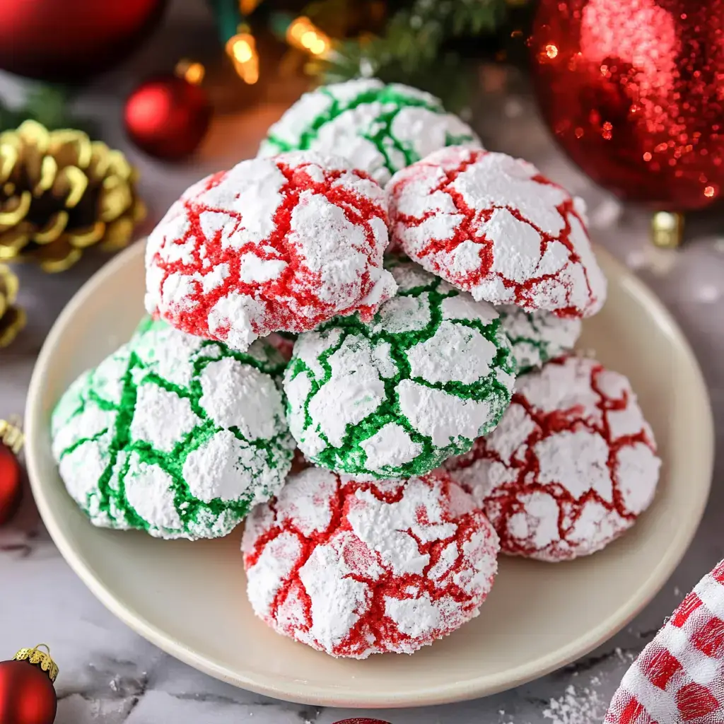 A plate of colorful crinkle cookies in red and green, dusted with powdered sugar, surrounded by festive decorations.