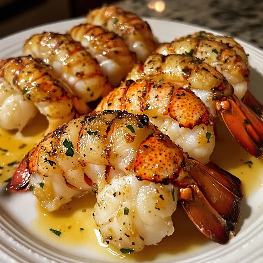 A plate of grilled lobster tails garnished with herbs and a light sauce.