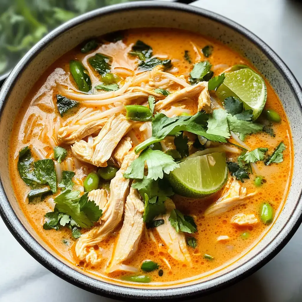 A close-up of a creamy chicken soup garnished with cilantro and lime in a bowl.